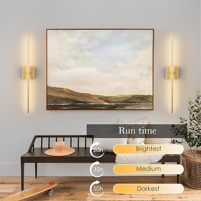 KARTOOSH Battery Operated Wall Sconces with Remote Control, Dimmable Wall Sconces Set of Two, 350°Rotate, 3000K LED Gold Wireless Wall Light for Living Room, Hallway, Bedroom, 40.1 Inch (2 Pack)