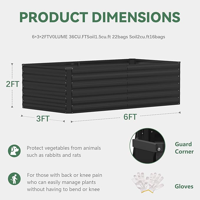 FOOWIN 2pcs 6x3x2ft Galvanized Raised Garden Bed, Planter Raised Garden Boxes Outdoor, Large Metal Raised Beds for Gardening, Garden Bed for Vegetables, Flowers, Herb,269 Gallon Capacity, Black