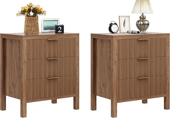 Fluted Nightstands Set of 2, Wooden Farmhouse Night Stands with 6 Drawer Bedside Table - Boho Tall End Table Accent Table for Bedroom, Living Room, Walnut