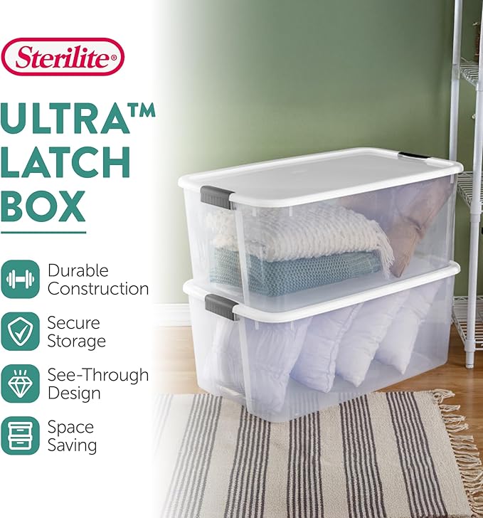 Sterilite 8-Pack Ultra Latching Box, Storage Bins with Lids, Clear Plastic, 116 Quart - Heavy-Duty Organizing Containers for Closet, Bathroom, and Office