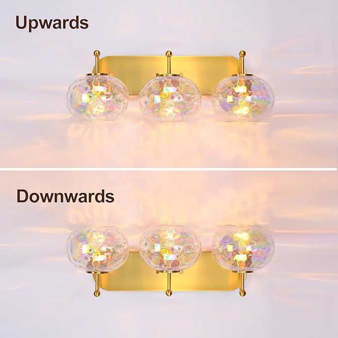 23" Brushed Gold Vanity Light Stained Hammered Glass Wall Sconce 3-Light Brass Wall Lamp for Hallway Living Room Stairwell Bathroom Over Mirror (Brass Gold, 3-Light)