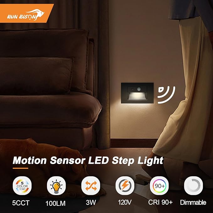 Horizontal LED Step Lights, Motion Sensor & Dusk to Dawn, IP65 Waterproof, 3000K-5000K Adjustable, 3W 120V Bronze Stair Lights Tread Lighting Indoor Outdoor, ETL Listed - 8PK