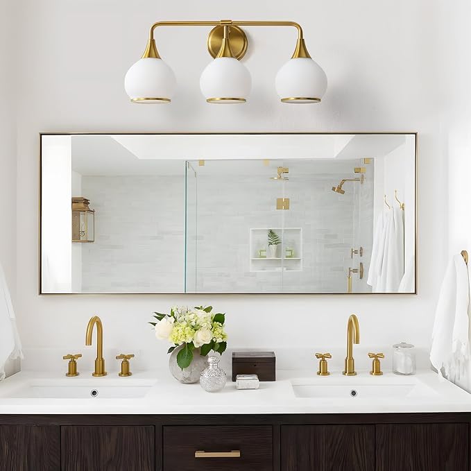 Brushed Gold Bathroom Light Fixtures 3-Lights Vanity Lights with Milky White Frosted Glass Shade Bathroom Vanity Light 22.4 inch Wall Sconce Lighting Bath(Exclude E26 Bulb)
