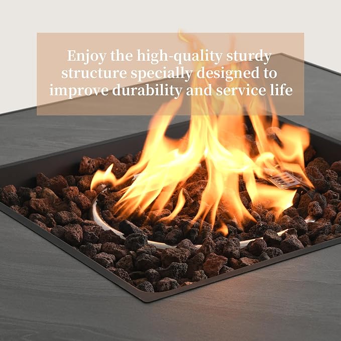 32'' Propane Fire Table for Outdoor, Sintered Stone Tabletop & Polyresin Natural Stone Base, 50000 BTU Gas Fire Pit Table for Outside Patio and Garden, with Lava Rock