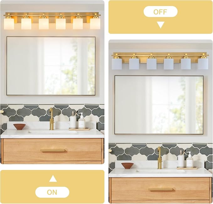 6 Light Modern Bathroom Light Fixtures Over Mirror, Brass Finish Vanity Lights for Bathroom Wall Sconces with Milky White Glass Shades, E26 Socket (Bulbs Not Included)