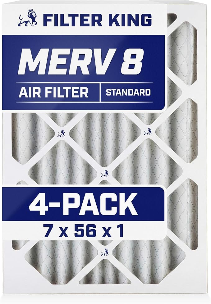 Filter King 7x56x1 Air Filter | 4-PACK | MERV 8 HVAC Pleated A/C Furnace Filters | MADE IN USA | Actual Size: 7 x 56 x .75"