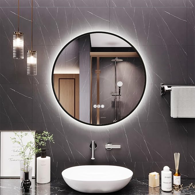 Round Bathroom Mirror with Lights, 28x28 Inch Vanity Mirror with Backlit, Anti-Fog, 3 Colors and Stepless Dimmable Wall Mounted Makeup Mirror with Metal Frame (Black)
