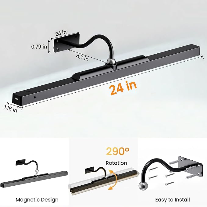 24Inch Picture Lights Battery Powered 6000mAh -3 Pack Black Wireless Remote Control Sconces for Gallery, Living Room, Museum & Large Wall Art