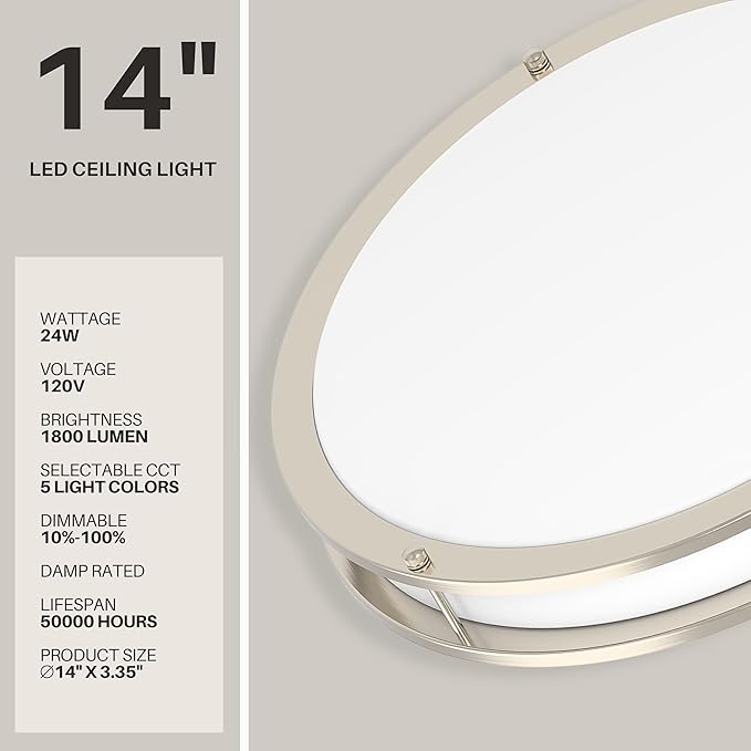 DYMOND LED Ceiling Light Flush Mount Dimmable Adjustable Lighting from Warm White to Daylight 2700K 3000K 3500K 4000K 5000K 5 in 1 Selectable CCT (Brushed Nickel, 14 Inch)