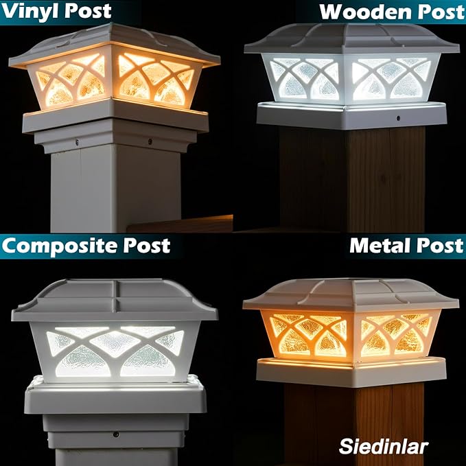 SIEDiNLAR Solar Post Cap Lights Outdoor Glass 2 Color Modes 8 LEDs for 4x4 5x5 6x6 Posts Fence Deck Patio Decoration Warm White & Cool White Lighting White (4 Pack)