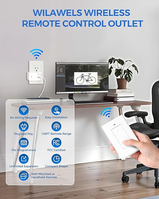 Remote Control Outlet Wireless Light Switch, Expandable and Removable Remote Outlet Switch Kit for Lamps, Fan, Home Appliance, 100ft RF Range, FCC Listed (2 Controllers + 1 Outlet) W08RC2106
