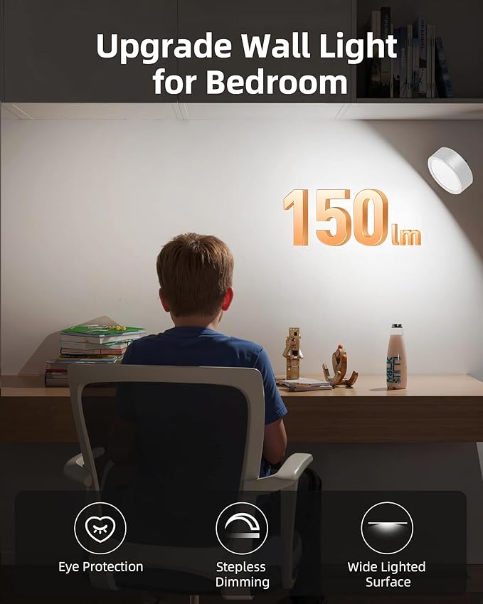 EZVALO LED Wall Mounted Lights, 5500mAh Rechargeable Wall Light Wall Sconces Lamp, 3 Color Temps & Remote and Touch Control, 360°Rotation Dimmable Cordless for Bedroom Reading Study Bedside (White)
