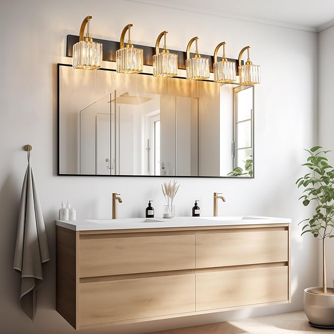 Crystal Vanity Lights 6-Light Black Gold Bathroom Vanity Lights Modern Crystal Bathroom Light Fixtures Over Mirror 51.18" Long Vanity Light for Bathroom