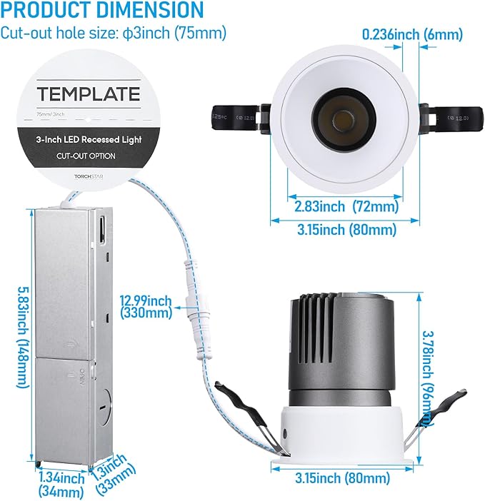 TORCHSTAR 3 Inch 5CCT Anti Glare LED Recessed Lights with J-Box, Deep Recessed Zero Glare Canless Downlight, Ultra-Slim Trim Gimbal Ceiling Light, 2700-5000K, Ultra Narrow Frame, ETL FCC, Pack of 8