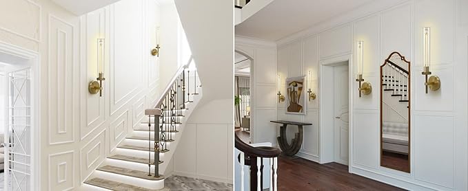 Brass Sconces Wall Lighting, 19" Tube Glass Gold Sconces, Bathroom Wall Sconces Lighting Vanity Lights Wall Lights for Living Room, Hallway, Fireplace, Staircase