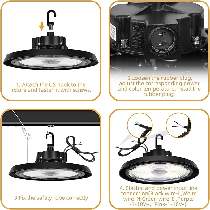 RMC 4 Pack UFO LED High Bay Light 150W 24000LM, 3 CCT Switchable (3500K/4000K/5000K), 0-10V Dimmable, 120-277V, ETL Listed, Commercial LED Shop Lights for Warehouse, Workshop, Barn, Factory