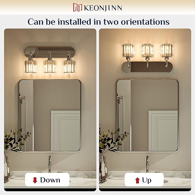 Keonjinn 6-Light Bathroom Light Fixtures, Crystal Chrome Bathroom Vanity Lights Over Mirror, Vanity Lighting Fixtures with Crystal Square Shades (E26 Socket, Exclude Bulb)