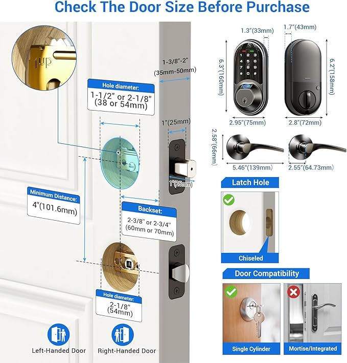 Veise RZ07B Smart Locks for Front Door, 2 Lever Handles, Fingerprint Keyless Entry, App Control Biometric Door Lock Set, Touchscreen Keypad Deadbolt, Easy Install, Auto Locking, Matte Black