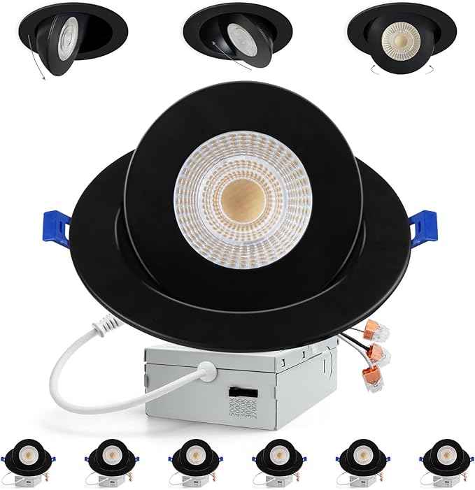 Adetu Recessed Lighting 6 inch, 360°+90° Adjustable Directional 6 inch 5CCT Gimbal Black Led Recessed Lighting, 2700K-5000K Dimmable Retrofit Eyeball Can Recessed Lights with Jbox, ET，Black (6 Pack