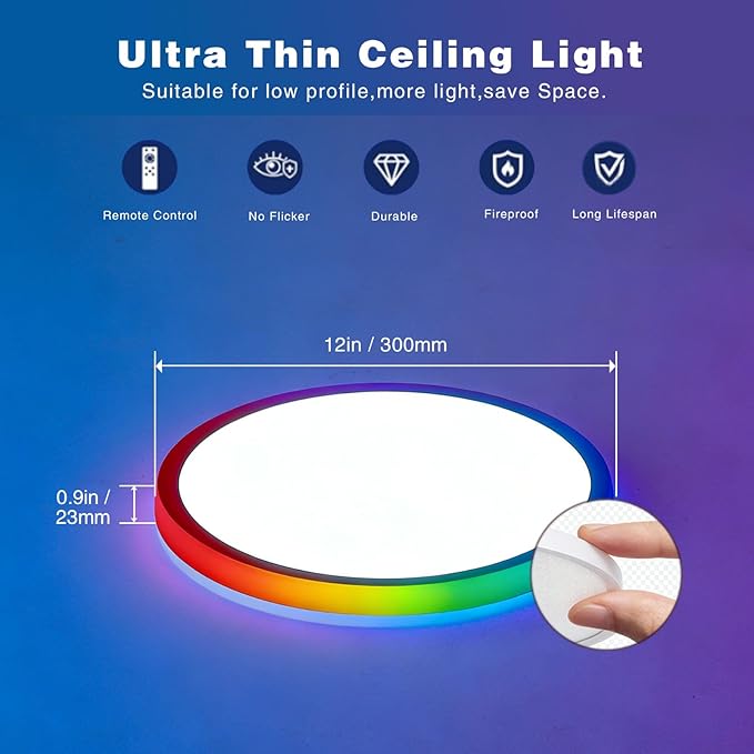 RGB Led Ceiling Light 12 Inch - RGB Rear Color, Flush Mount Ceiling Light for Bedroom Living Room,White, 2-Pack