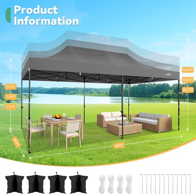 COBIZI 10x20 Pop up Canopy Heavy Duty Tent with 6 Sidewalls, Easy Set-up Commercial Outdoor Party Canopy, 100% Waterproof Wedding Gazebo, 3 Height Adjustable with Wheeled Bag,Gray