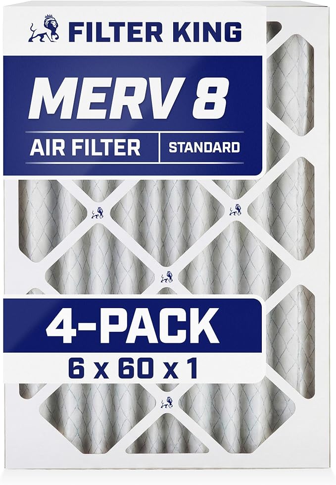 Filter King 6x60x1 Air Filter | 4-PACK | MERV 8 HVAC Pleated A/C Furnace Filters | MADE IN USA | Actual Size: 6 x 60 x .75"