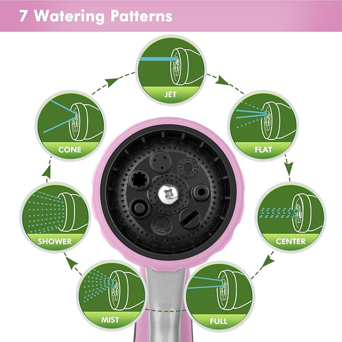 RESTMO Metal Watering Wand, Heavy Duty Garden Hose Wand with 180° Swivel Ratcheting Head, 16'' Hose Nozzle Sprayer with 7 Spray Patterns and Flow Control, for Water Hanging Baskets and Shrubs, Pink