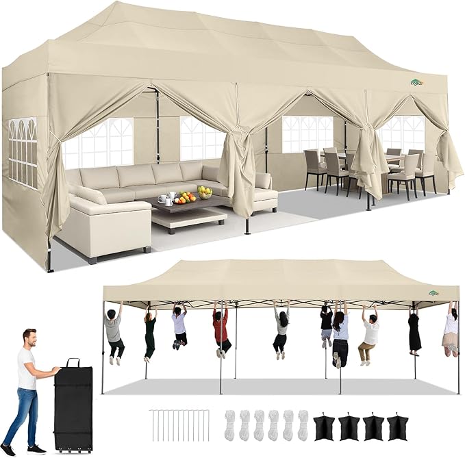COBIZI 10x30 Pop up Canopy Heavy Duty with 8 Sidewalls, Easy Set-up Commercial Outdoor Party, 100% Waterproof Wedding Canopy Gazebo, 3 Height Adjustable with Wheeled Bag, Khaki