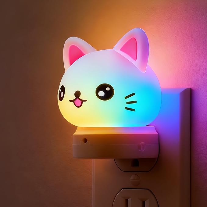 L LOHAS LED Plug in Night Light for Kids, 3D Cute Cat Night Lights with Dusk to Dawn Sensor, RGB+Soft White 3000K Cat Night Light, Christmas Birthday Gift Nightlight for Kids, Room Decor