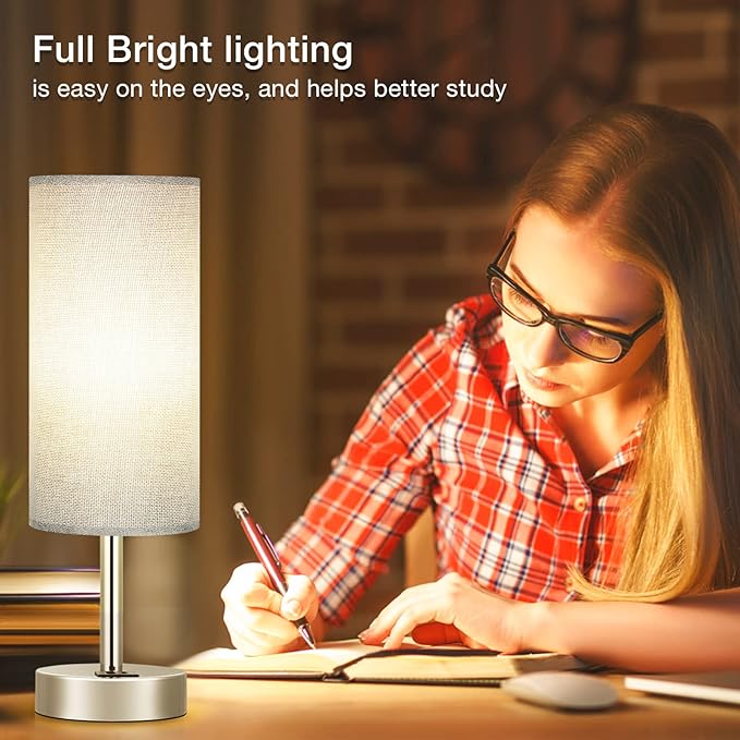 Grey Touch Nightstand Lamps for Girl - Small Bedside Lamp with USB-C and USB Charging Ports, 3 Way Dimmable Control Table Lamp for Living Room Office, Dorm, Reading with Fabric Shade Silver Base