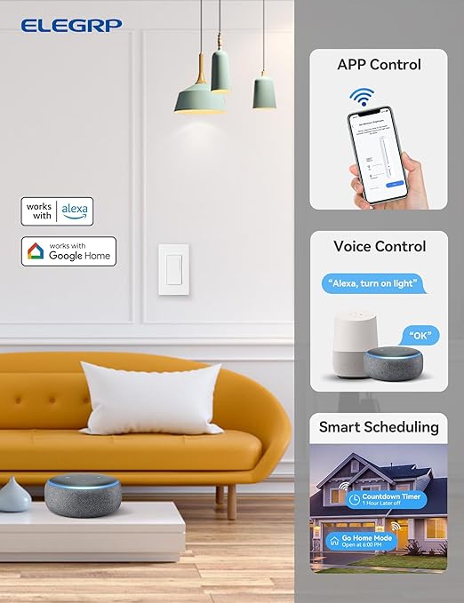 ELEGRP Smart Dimmer Light Switch DTR30, Single Pole or 3 Way, 2.4GHz Wi-Fi Touch Dimmer Compatible with Alexa/Google Assistant, Needs Neutral Wire, No Hub Required, UL and FCC Listed, White, 6 Pack