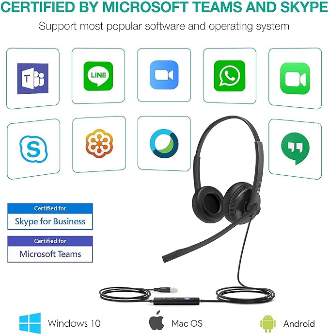 Yealink UH34 USB Headset with Mic,Stereo Wired Headphones with Noise Cancelling Microphone,Teams Certified,Professional Work Headphones for VoIP Phone PC Computer Call Center Office