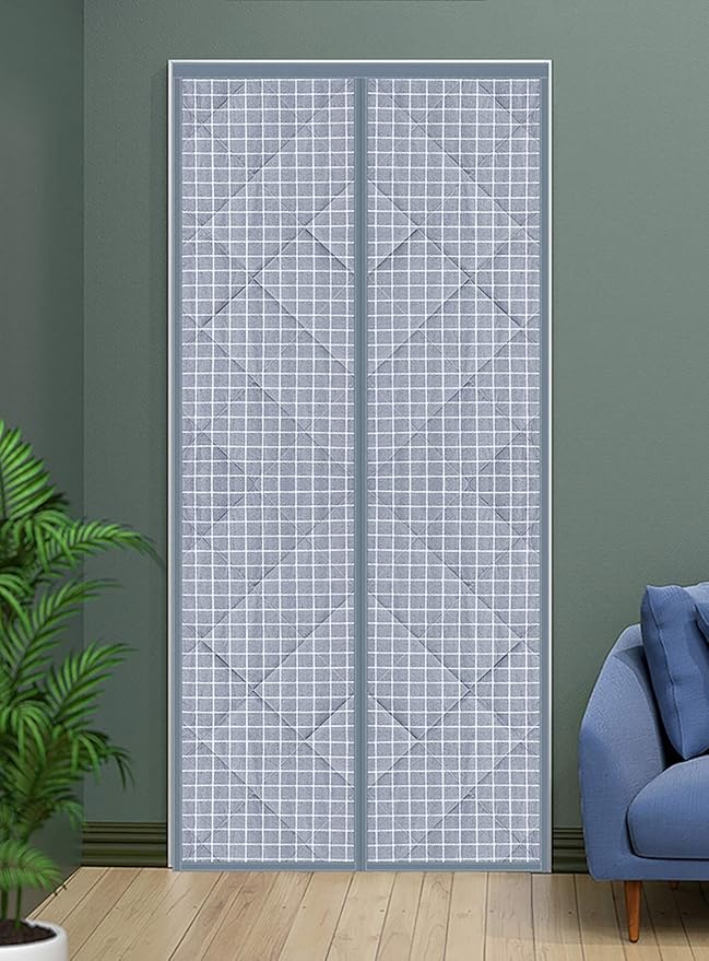 Magnetic Thermal Insulated Blackout Door Curtain Storm Wind Fleece Insulation Curtian Magnetic Screen Door with Thermal and Insulated Waterproof 62"x82" Inch Lattice Pattern Grey