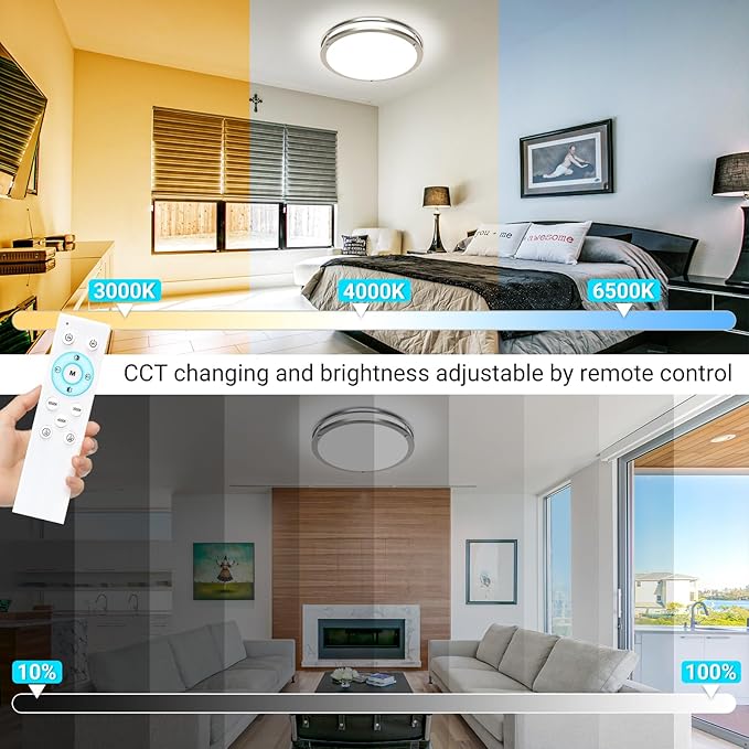 libtit 13 Inch Flush Mount Ceiling Lights with Remote, 24W Dimmable LED Ceiling Light with Nightlight and Timer, 3000K-6500K Adjustable Brushed Nickel Light Fixture for Bedroom Kitchen Bathroom