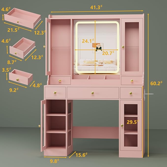 Vanity Desk with Mirror and Lights, Pink Makeup Vanity Table with 3 Modes & Adjustable Brightness, Glass Cabinets, Drawers, Outlet, Modern Dressing Table for Bedroom, Girls, Women, Teens