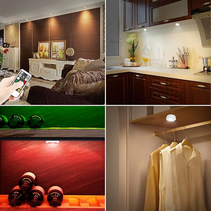Wireless LED Puck Lights with RF Remote(3-Pack), Battery Operated Under Cabinet Lights, Color Changing Stick On Lights,Dimmable Tap Light with Timmer for Closet Bedroom Kitchen Drawer Counter