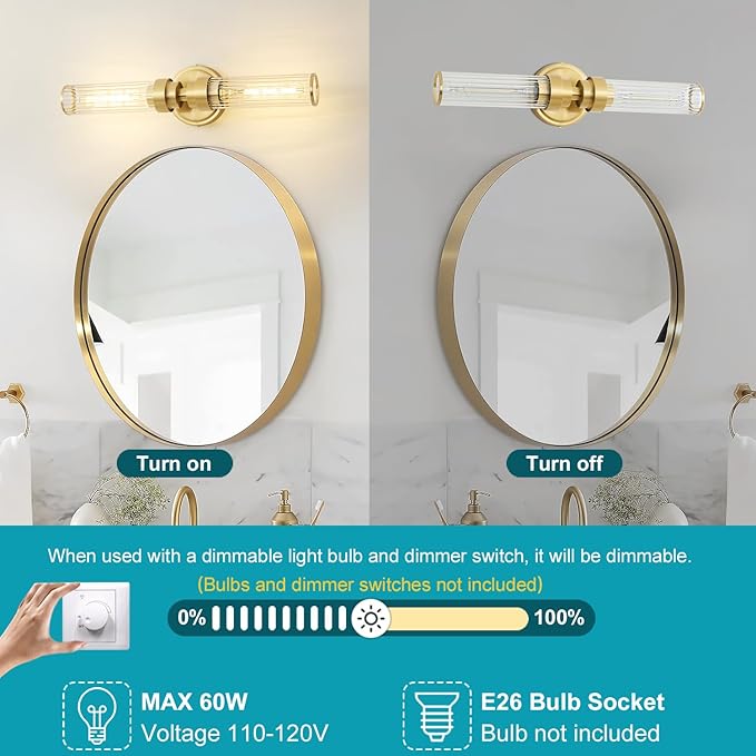 Bathroom Light Fixtures, Gold Wall Sconce in Threaded Glass Indoor Vanity Lights, Modern Bathroom Vanity Light Up and Down Sconces Wall Lighting for Bathroom, Living Room - Bulb Not Included
