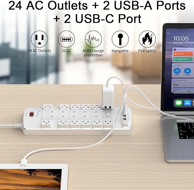 QINLIANF Surge Protector Power Strip - 10Ft Flat Plug Heavy Duty Extension Cord with 24 Outlets and 4 USB Ports(2 USB-C Ports), 1875W/15A, 4100J, for Home, Office, Dorm, ETL Listed, White