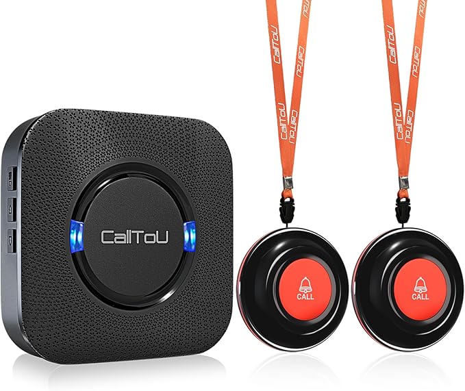 CallToU Wireless Caregiver Call Button Elderly Monitoring Alert Systems for Seniors 1 Plugin Receiver 2 Waterproof Transmitters
