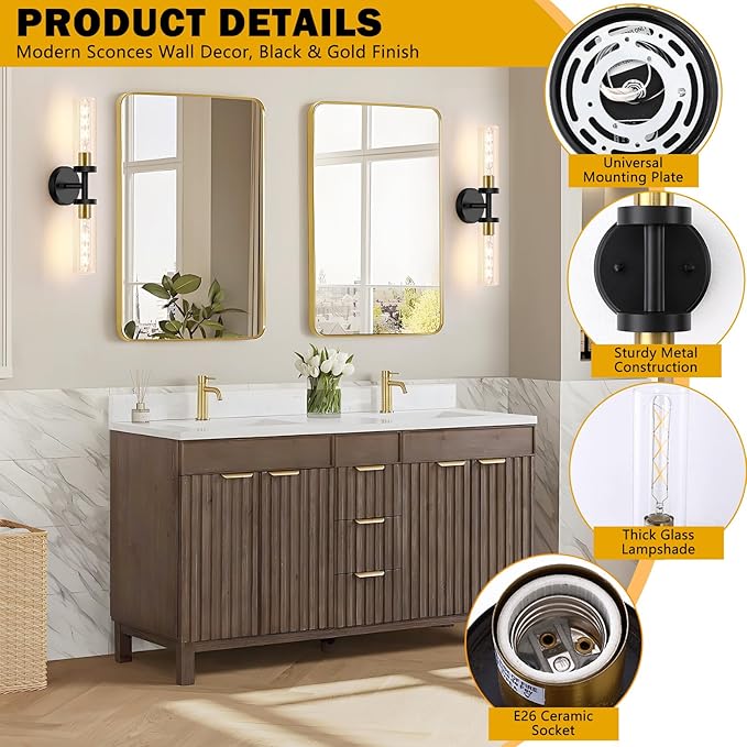 Baocuz Bathroom Light Fixtures, 2-Light Black and Gold Bathroom Vanity Lighting Over Mirror, Modern Wall Sconces Set of 2 with Clear Glass, Indoor Hardwired Wall Lamp for Bedroom, Living Room, Hallway