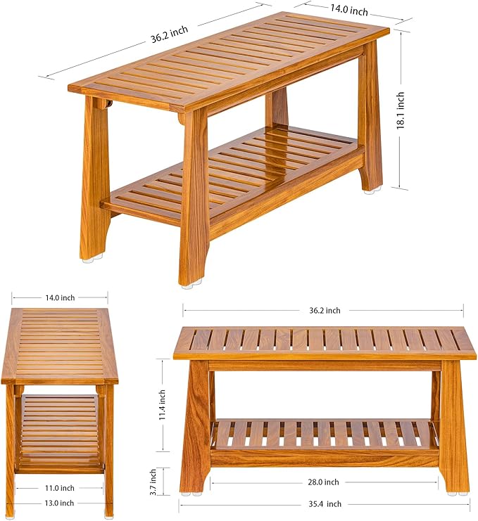 NNN 36" Commercial Teak Shower Bench - 8 Non-Slip Leveling Feet & 350 lbs Capacity | Rock-Solid Stability for Seniors & Spa Safety | Waterproof Design for Saunas/Outdoor Pools (Patented)