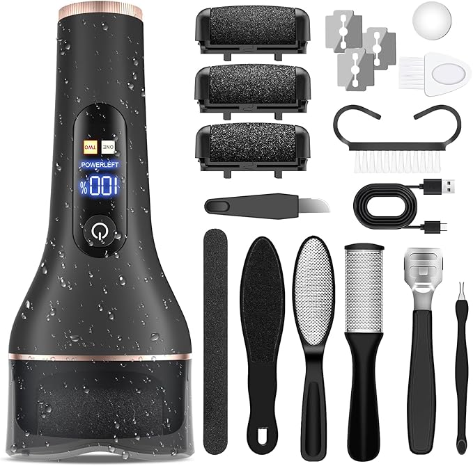 AdamPark Electric Callus Remover for Feet,Rechargeable & Waterproof Pedi File, 2-in-1 Wet/Dry Foot Scrubber for Hard Cracked Dead Skin, Portable Pedicure Tool with Professional Grinding Heads