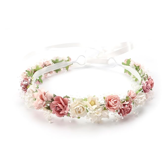 Toddler Flower Crown with Baby's Breath 1st Birthday Photo Prop Headpiece Baby Girls Floral Hair Wreath Rustic Wedding Headband for Toddler(40cm length)
