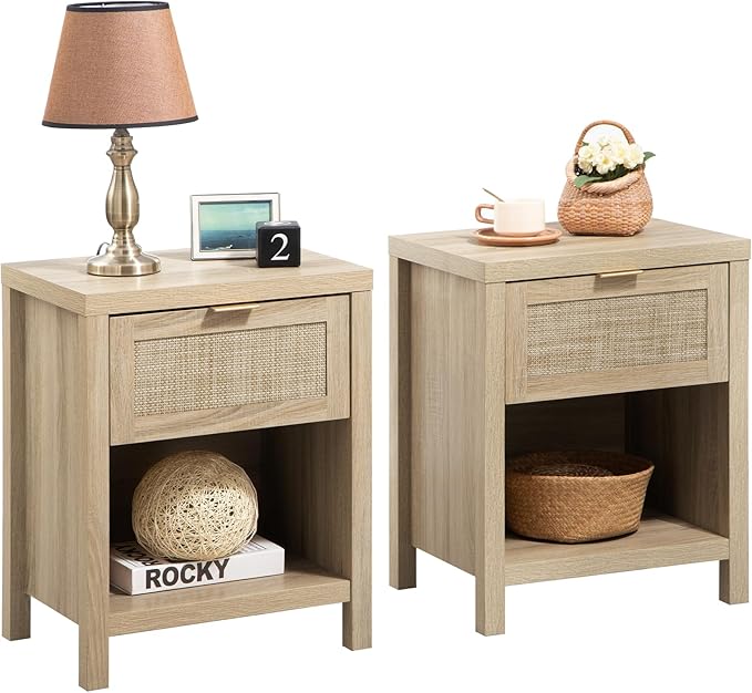 SICOTAS Rattan Nightstands Set of 2, Farmhouse Night Stand Bedside Table with Drawer and Storage Shelf - Boho End Side Table for Bedroom, Light Oak