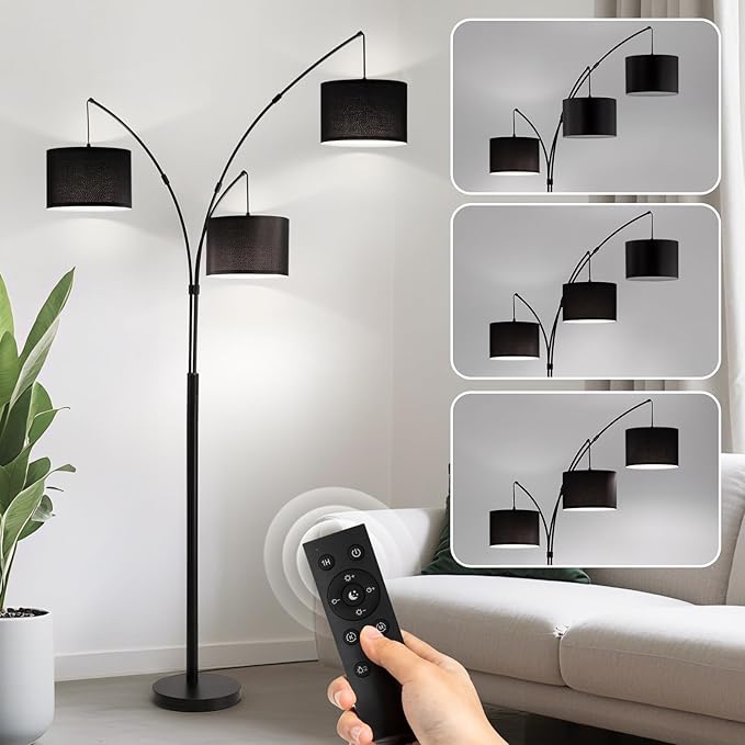 Floor lamp with Remote, 3 Light Arc Floor Lamps for Living Room, 2400LM Tall Standing Floor Lamps with Black Shades, 80" Large Floor Lamp for Bedroom, Office