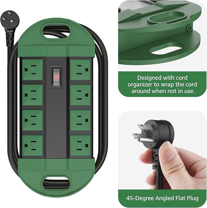 CCCEI Outdoor Power Strip Weatherproof with 8 Plug, Waterproof Extension Cord with Multiple Outlets, Christmas Exterior Garden Yard Surge Protector 6FT, Green.