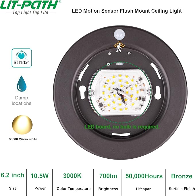 LIT-PaTH LED Flush Mount Ceiling Light, Closet Lighting Fixture with Motion Sensor, 10.5W, 700 Lumen, 6.2 Inch, Anti-Rust Galvanized Housing, Bronze Finish 3000K 2-Pack