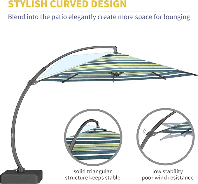Kingdura 12ft Offset Cantilever Patio Umbrella with Base Included, Large Round Aluminum Outdoor Umbrella, 360° Rotation & Infinite Tilt, Heavy Duty Frame for Deck Pool Backyard, Green Stripe