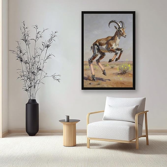 Framed Steampunk Mechanical Antelope Wall Art - Desert Futuristic Poster for Loft Living Room Decor 12x18in