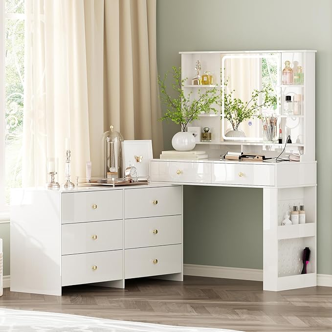 Makeup Vanity Desk with Mirror and Lights, Vanity Desk with 8 Drawers & Storage Shelves, Vanity Table with Power Outlet, 3 Color Modes & Adjustable Brightness Dressing Table, Bedroom,White